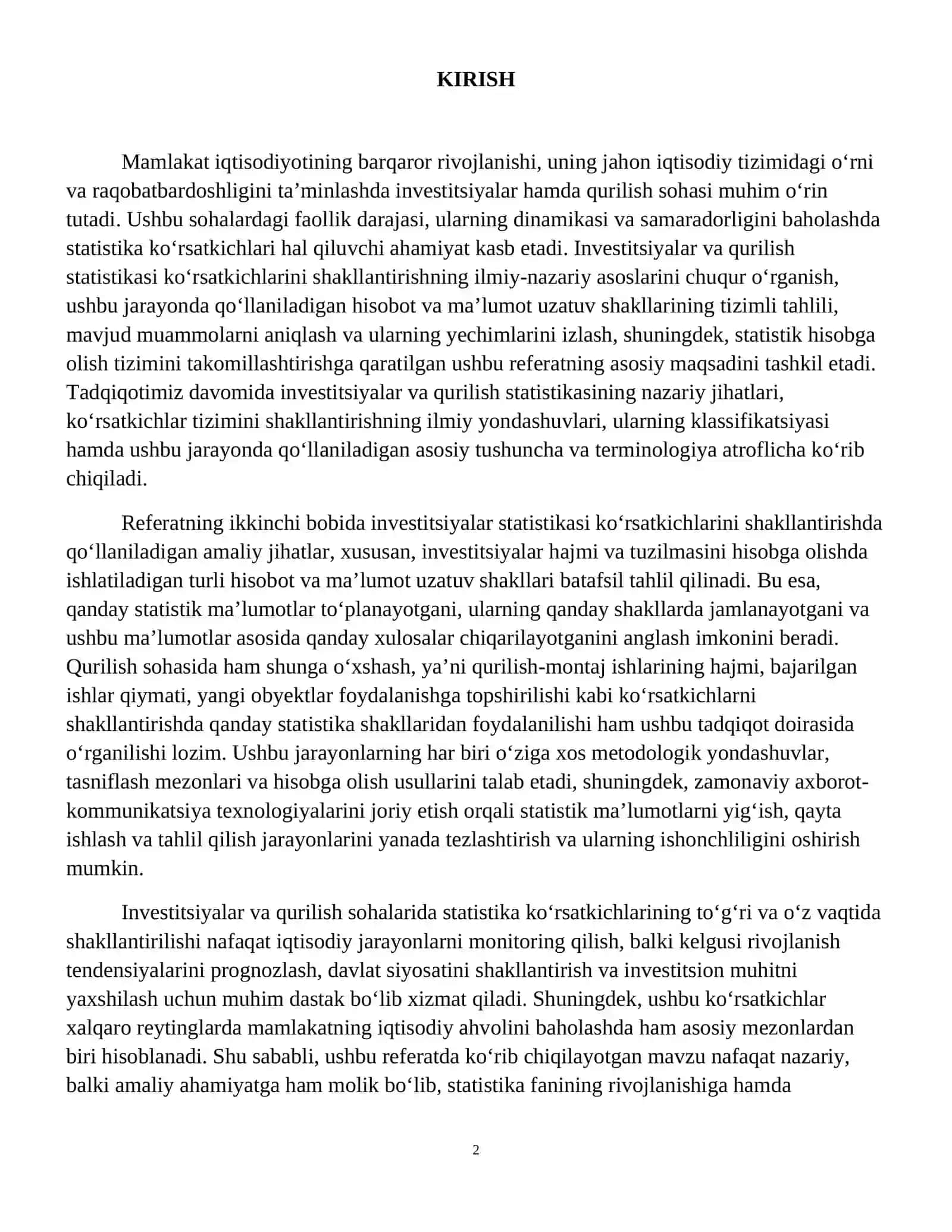 "Investitsiyalar va qurilish statistikasi ko'rsatkichlarini shakllantirishda qo'llaniladigan hisobot vakuzatuv shakllari" mavzusida Statistika fanidan referat 3