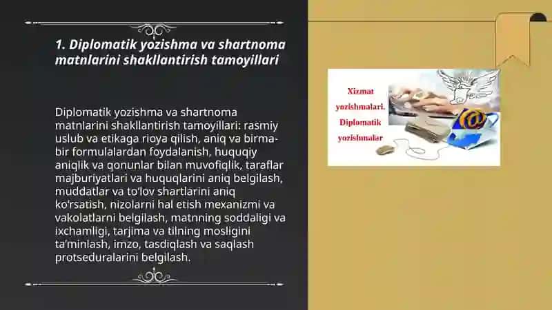 Diplomatik yozishmalarning xususiyatlari shartnoma matnlarini shakllantirish tamoyili 3