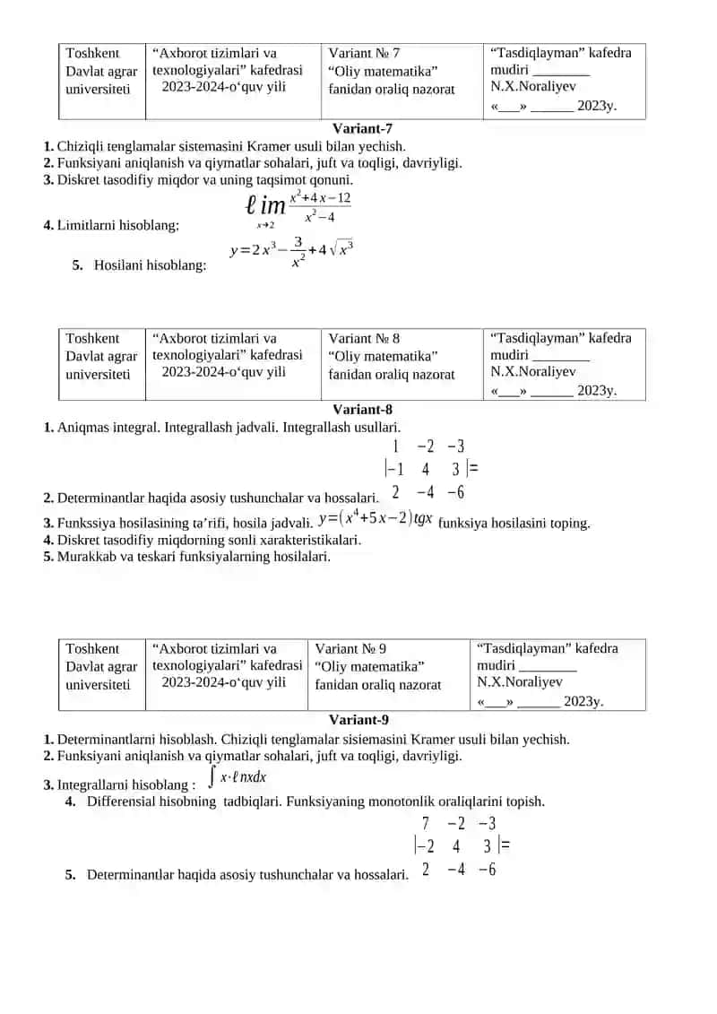OLIY MATEMATIKA FANIDAN ORALIQ NAZORAT VARIANTLARI 3