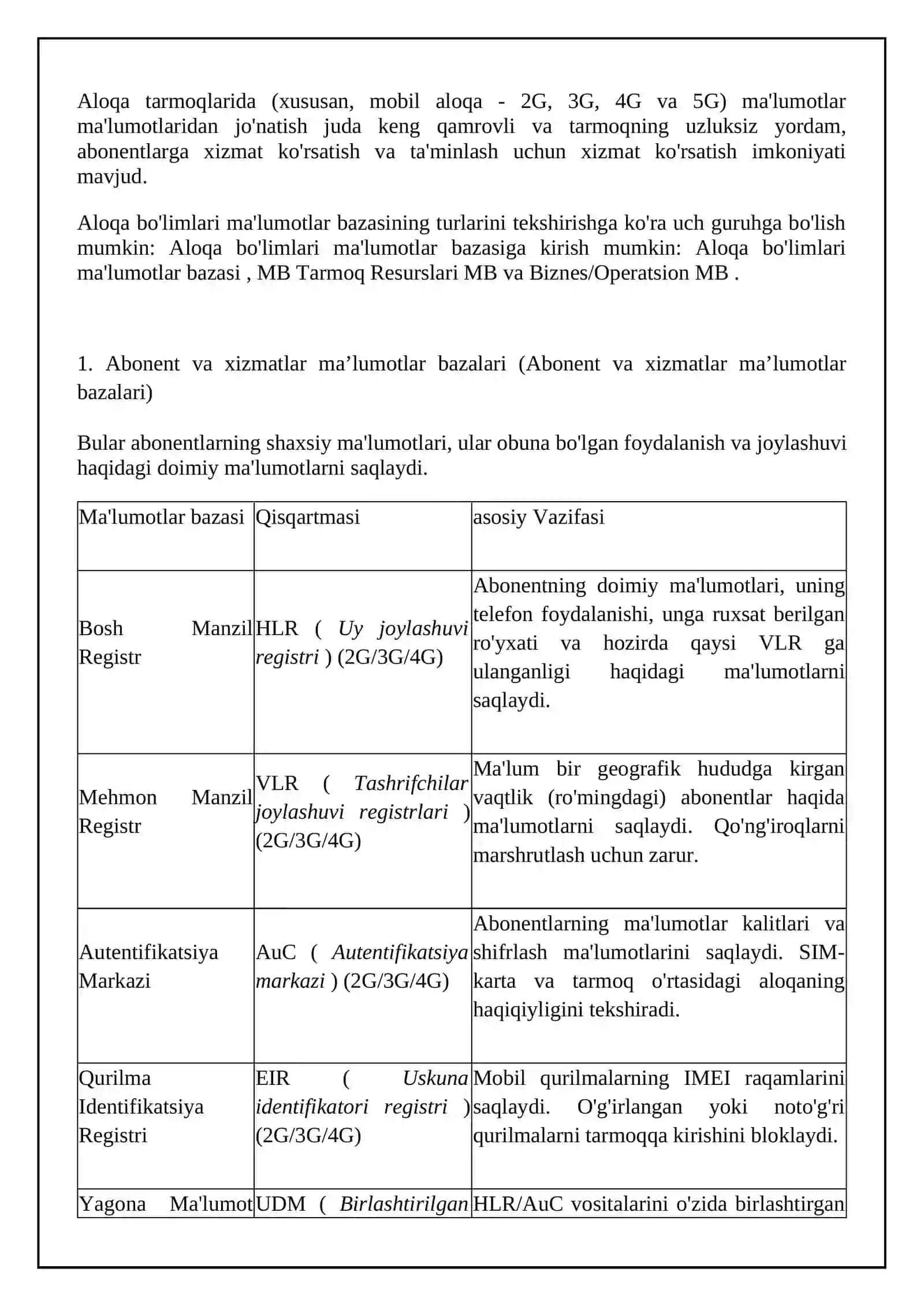 Aloqa tarmoqlarida ma’lumotlar bazalaridan foydalanish 3
