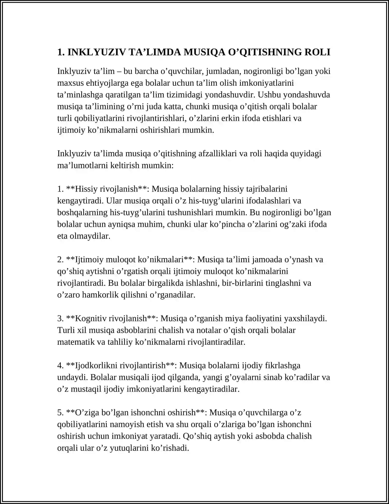 INKLYUZIV TA’LIM SHAROITIDA MUSIQA O’QITISH METODIKASI FANINI O’QITISHNING MAQSAD VA VAZIFALARI 3