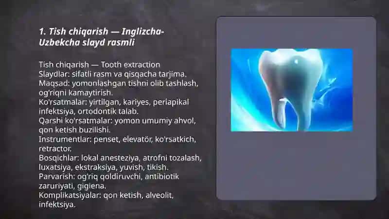 Tish chiqarish — Inglizcha-Uzbekcha slayd rasmli 3