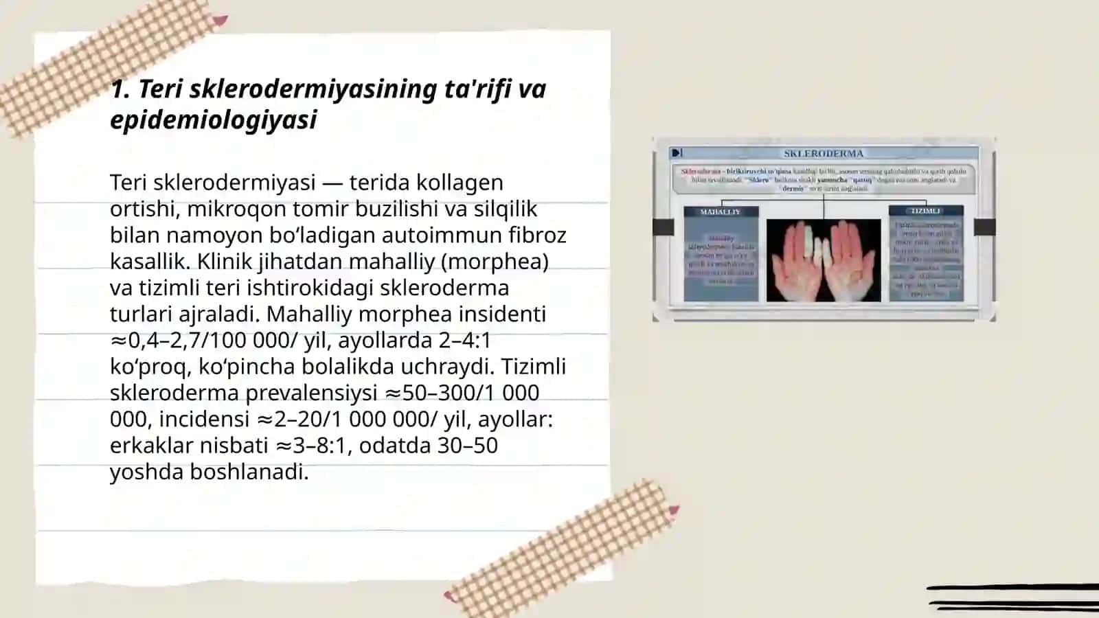 Teri sklerodermiyasi tasnifi klassifikatsiyasi, etioligiyasi va patogenezi, tashxislash, profilaktikasi va davolashdagi dorilar 3