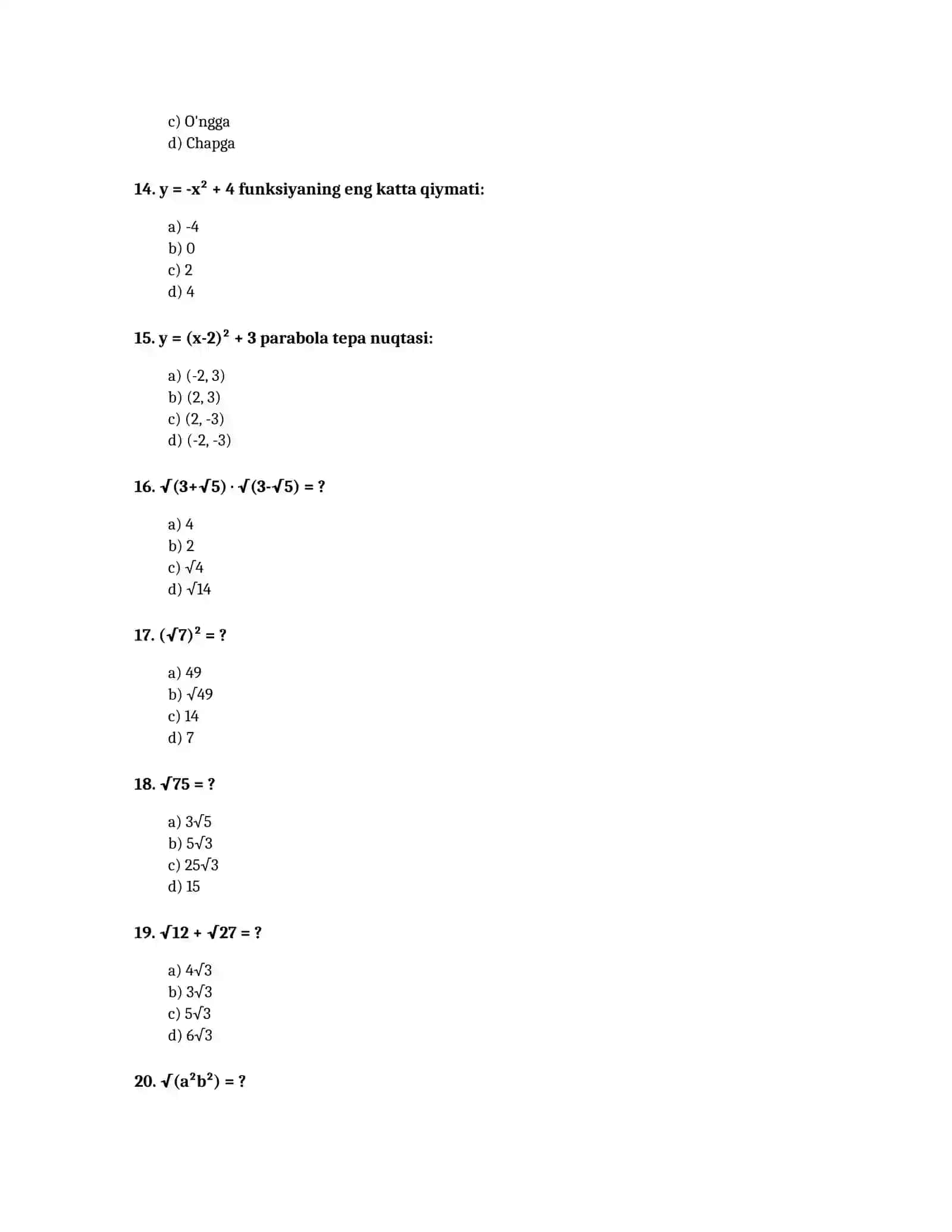8-SINF MATEMATIKA FANI BO'YICHA TEST SAVOLLARI 3