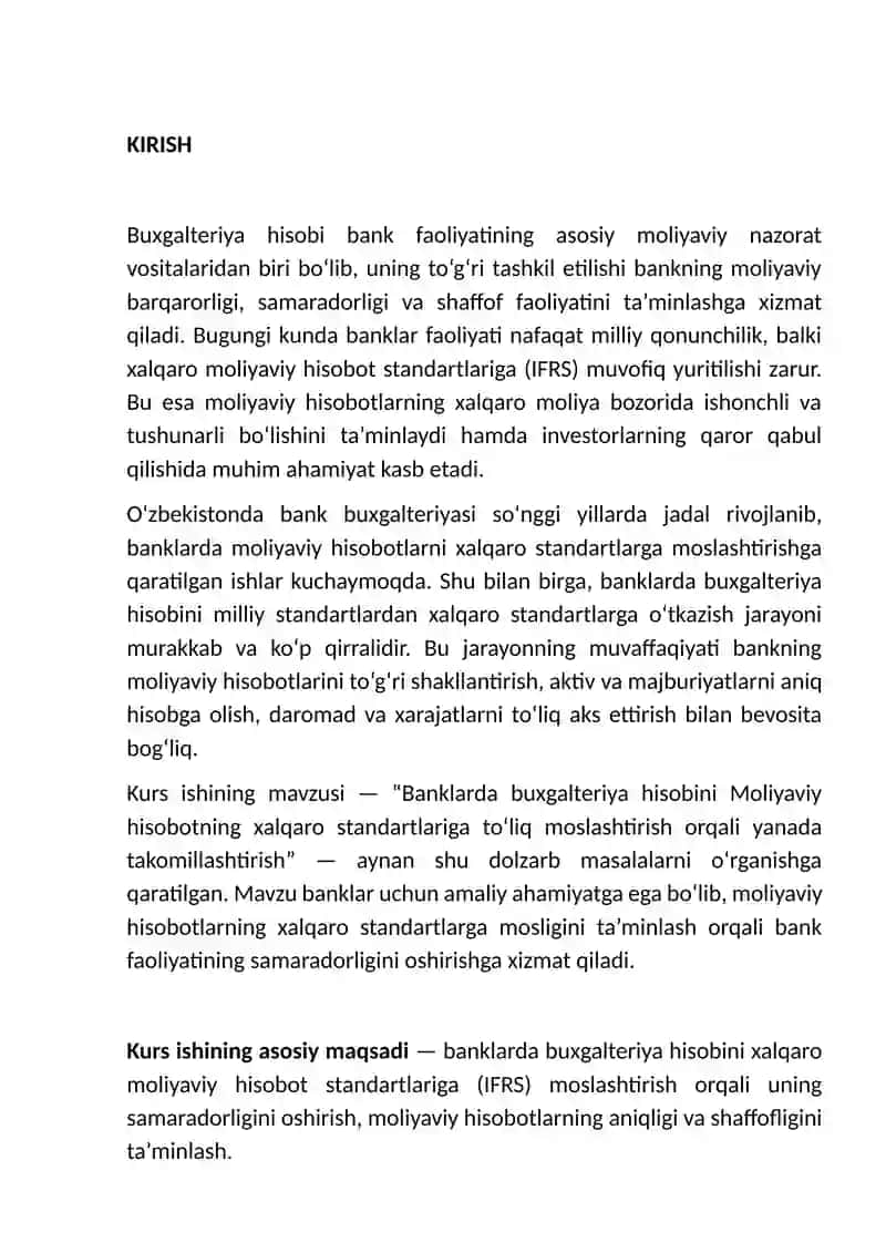 Banklarda buxgalteriya hisobini Moliyaviy hisobotning xalqaro standartlariga to‘liq moslashtirish orqali yanada takomillashtirish. 3