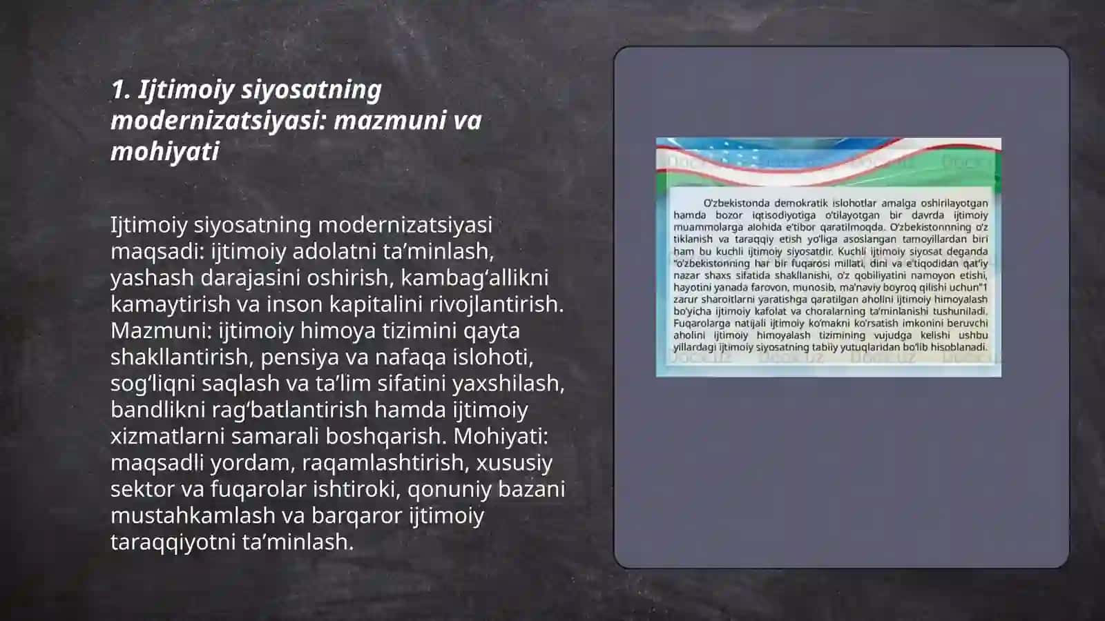 Oʻzbekistonda ijtimoiy sohada amalga oshirilayotgan oʻzgarishlar mazmun va mohiyati 3