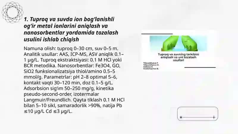 Tuproq va suvning ifloslanishi ion bog'lanishi birikmalarini aniqlab, ulardan tozalash usulini ishlab chiqish 3