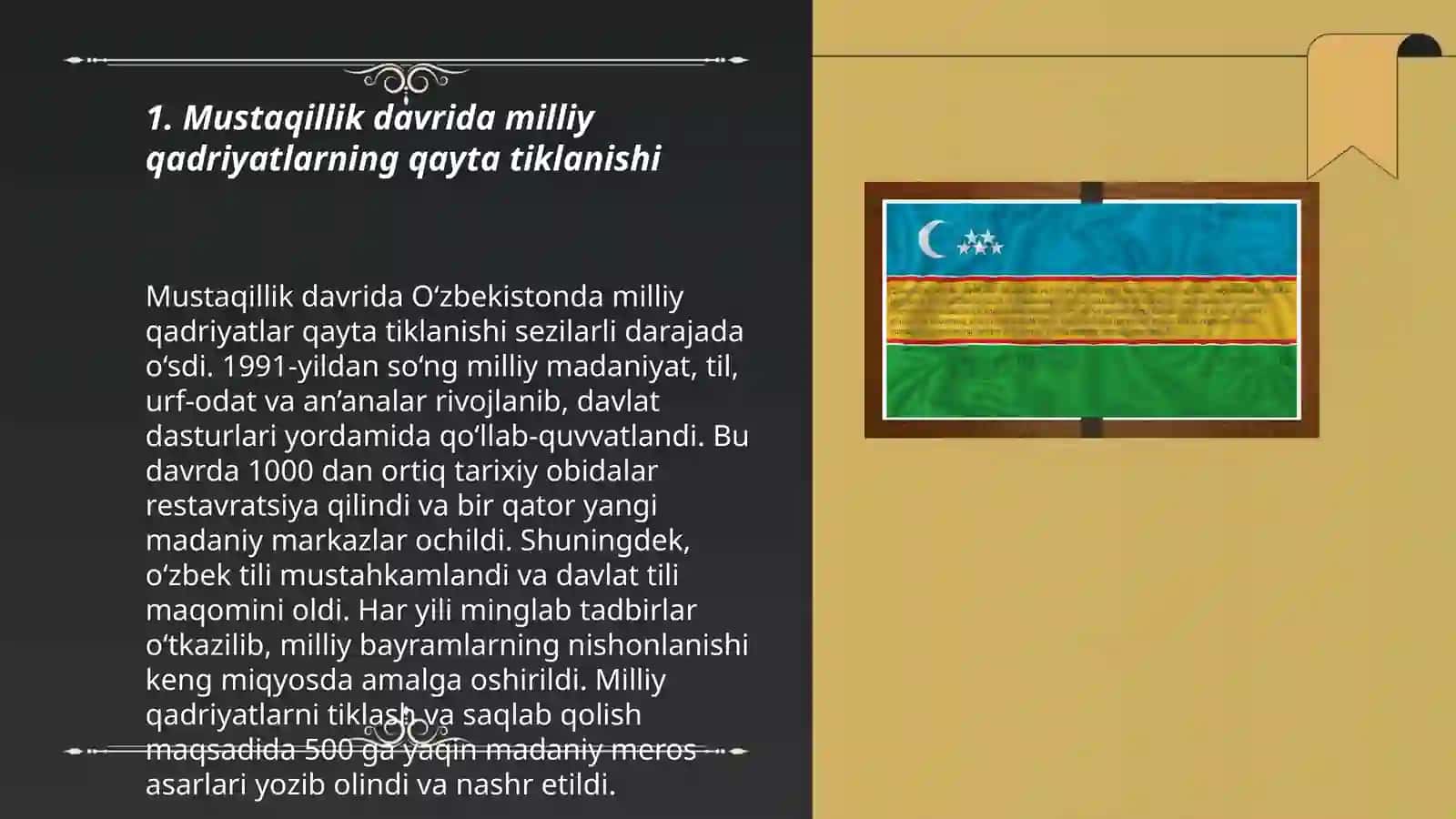 Mustaqillik yillarida Oʻzbekistonda milliy qadriyatlarning tiklanishi va madaniy taraqqiyoti 3