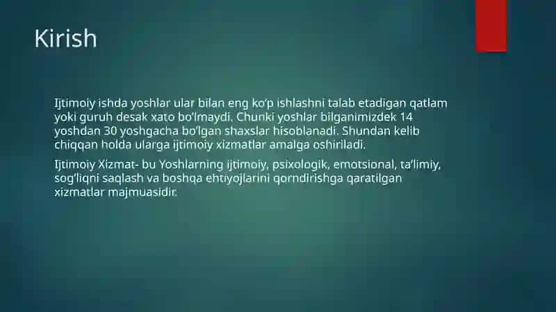 Yoshlar Uchun ijtimoiy xizmatlarning Tuzilishi va vazifalari 3