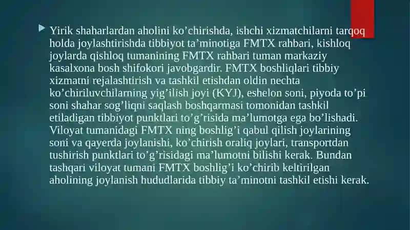 Aholini dushman tajovuzi xavfi paytida va shikaslangan aholini davolash ko’chirish va tibbiy ta’minlash. 3