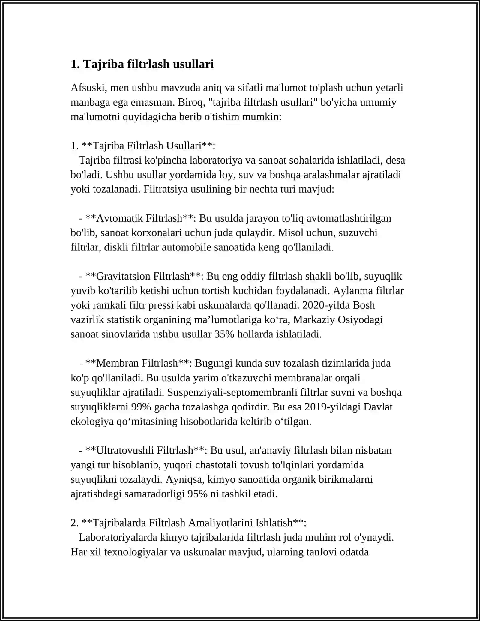 MUSTAQIL ISH Mavzu: TAJRIBA FILTRLASH ISHLARIGA ISHLOV BERISH VA SHARHLASH 3