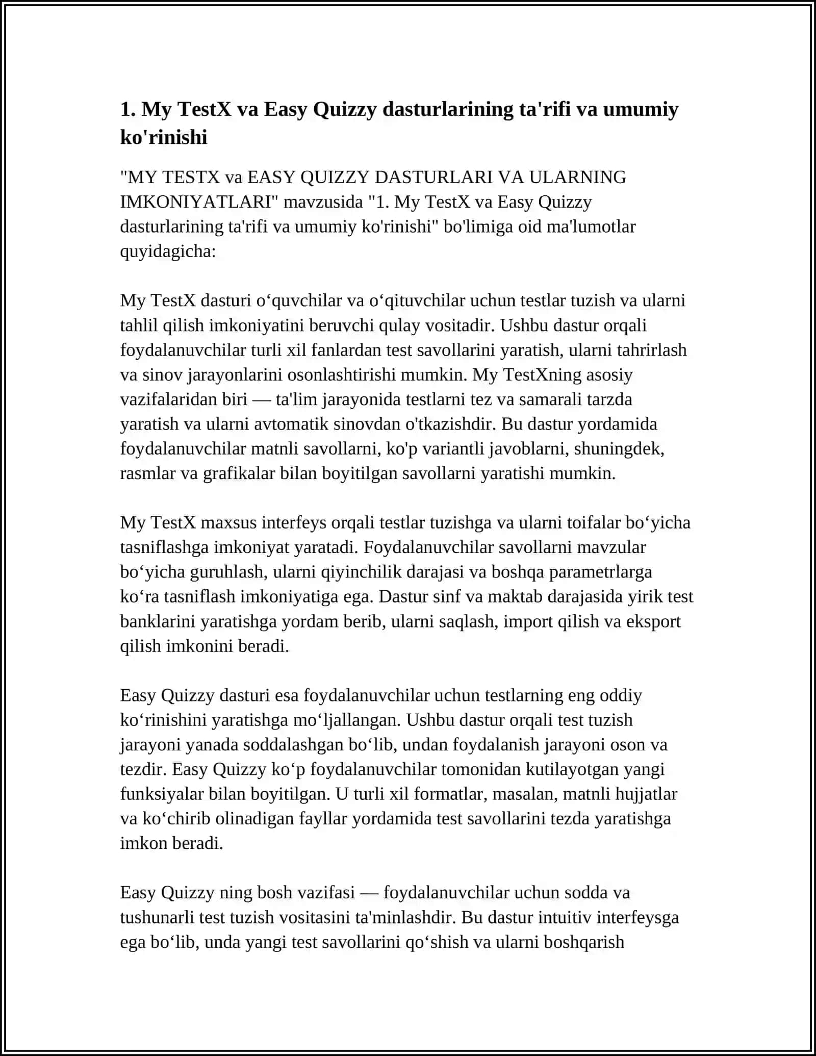 MY TESTX EASY QUIZZY DASTURLARI VA ULARNING IMKONIYATLARI 3