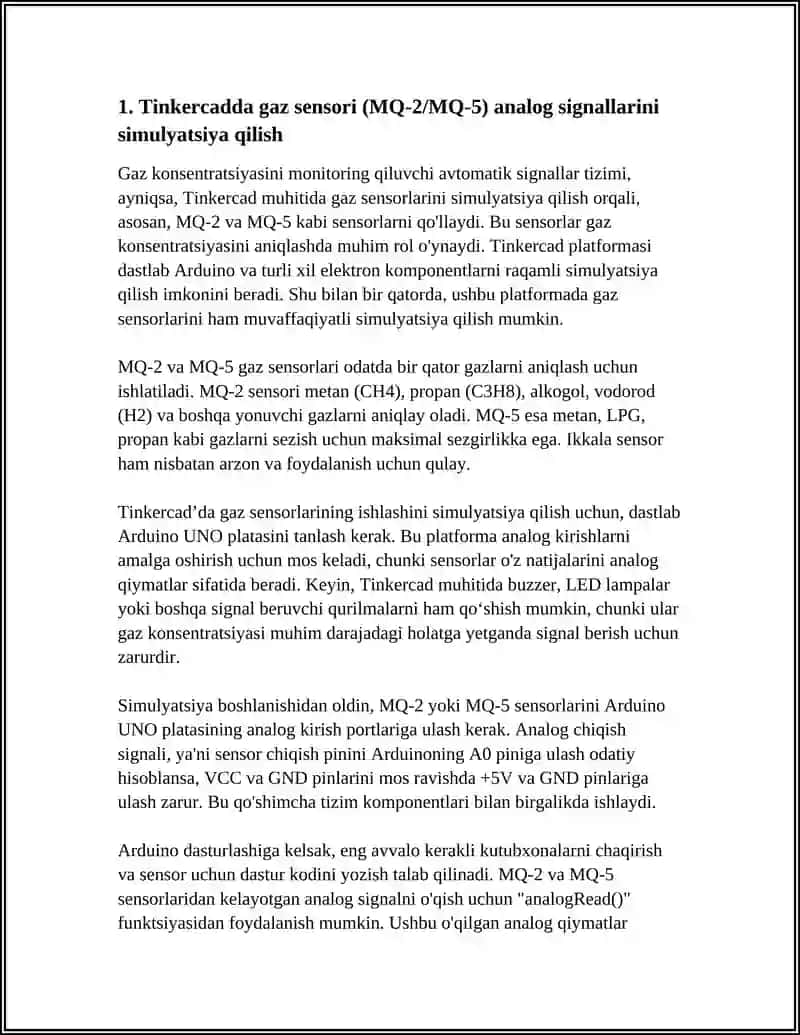 GAZ KONSENTRATSIYASINI MONITORING QILUVCHI AVTOMATIK SIGNALIZATSIYA TIZIMI TINKERCADDAGI ANALOG 3