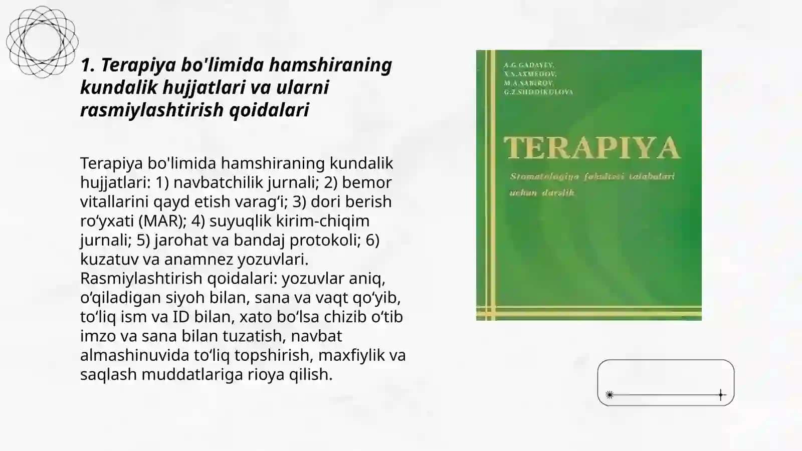 Terapiya bo'limida hamshiraning xujjatlari va uni rasmiylashtirish qoidalari 3