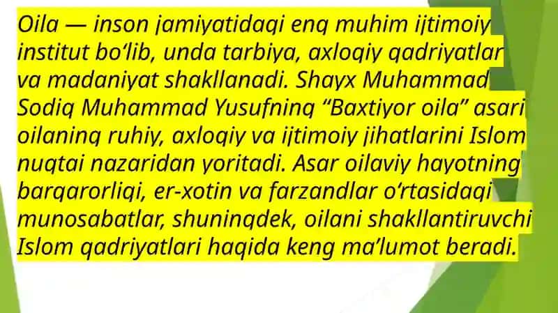 Shayx Muhammad Sodiq Muhammad Yusufning " Baxtiyor oila " asarida Islom qadriyatlarining talqini 3