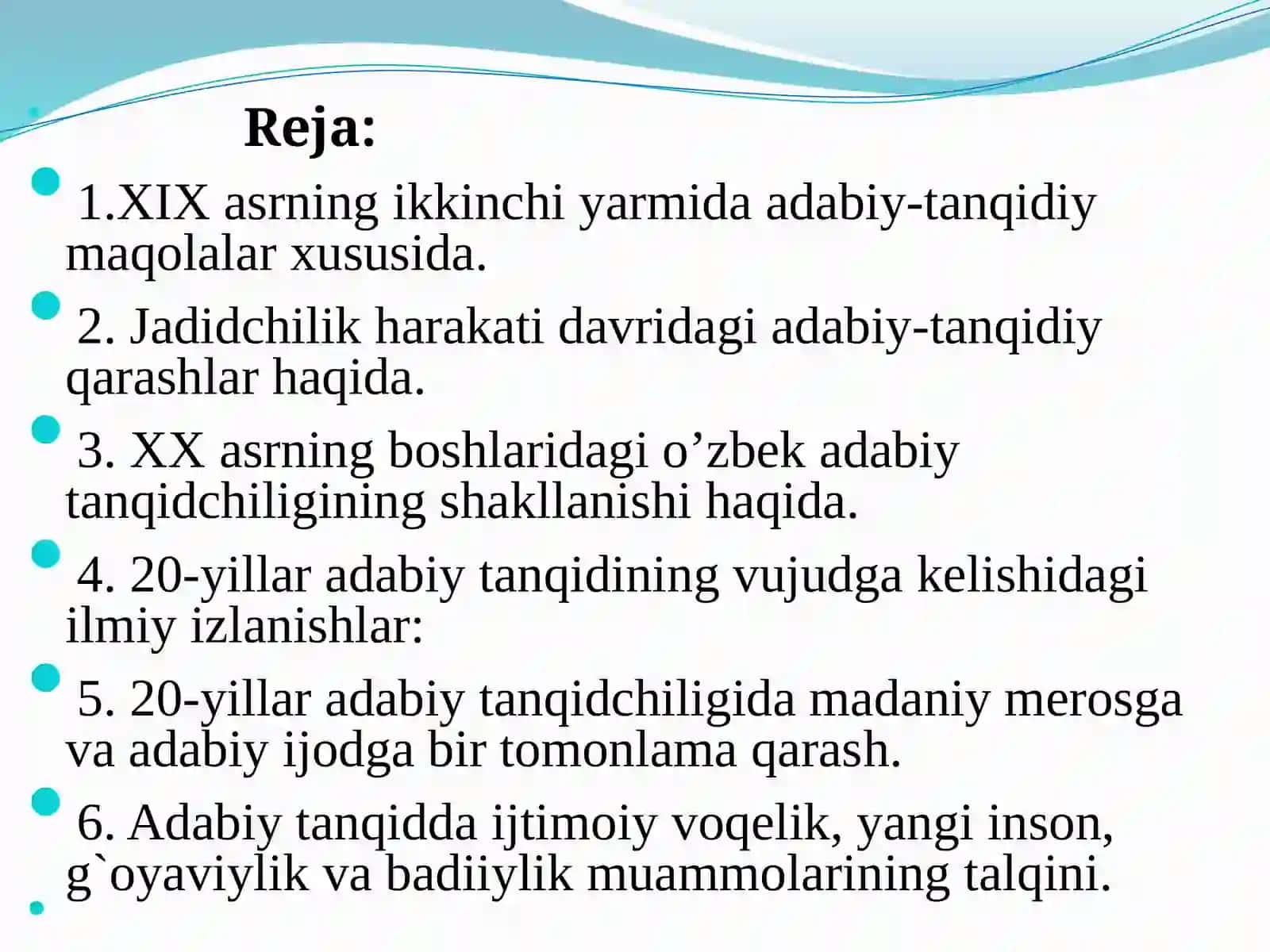O`zbek adabiyoti tanqidi tarixi 4-ma’ruza. Yangi o’zbek tanqidchiligining shakllanishi 3
