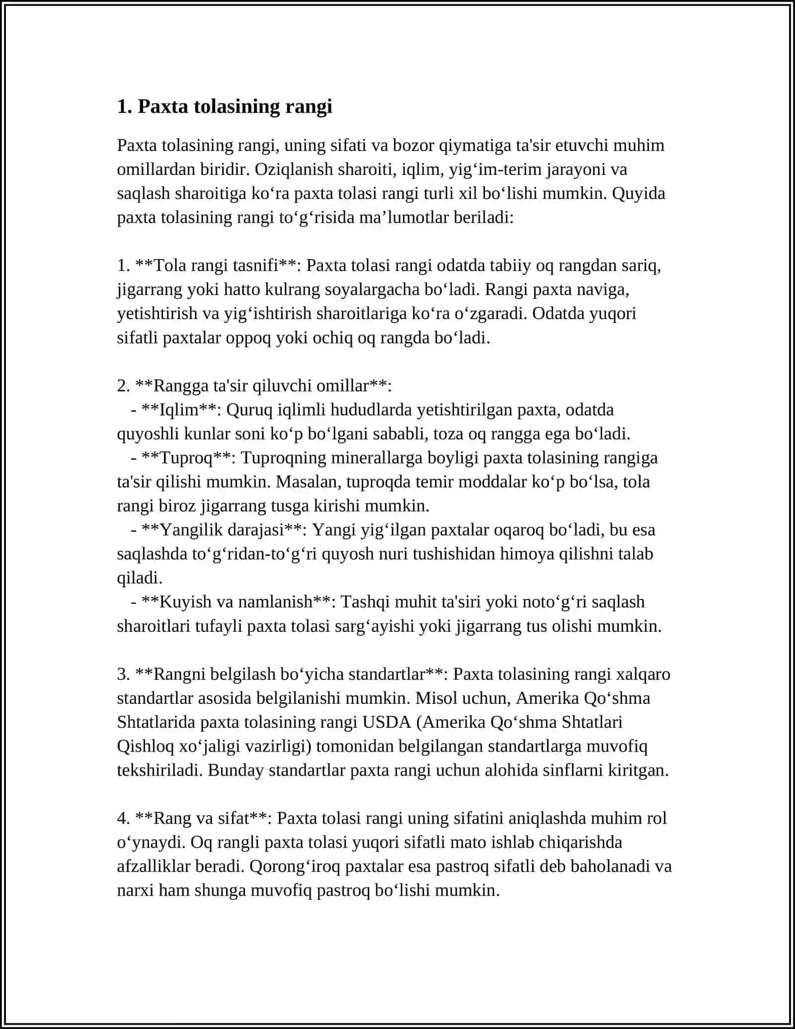 Paxta tolasining sifatini belgilovchi standartlar 3