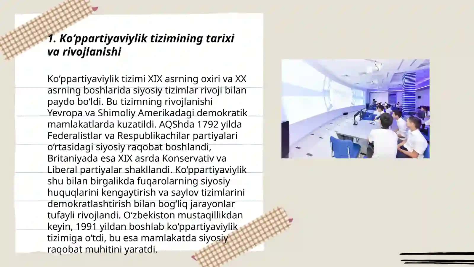 O‘zbekistonda ko‘ppartiyaviylik tizimining shakllanishi va uning ahamiyati,siyosiy partiyalar faoliyatidagi xususiyatlar 3