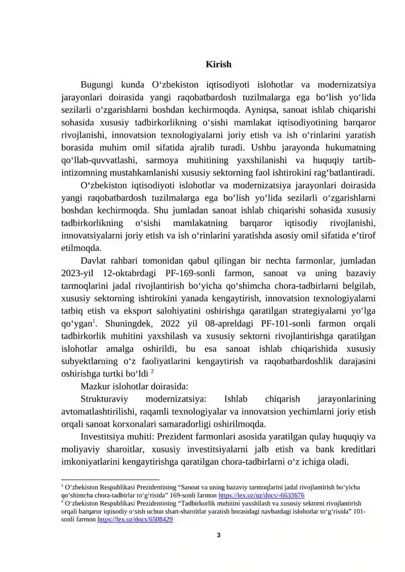 “O‘zbekistonda sanoat ishlab chiqarishi sohasida xususiy tadbirkorlikning rivojlanish istiqbollari” mavzusida ilmiy ish 3