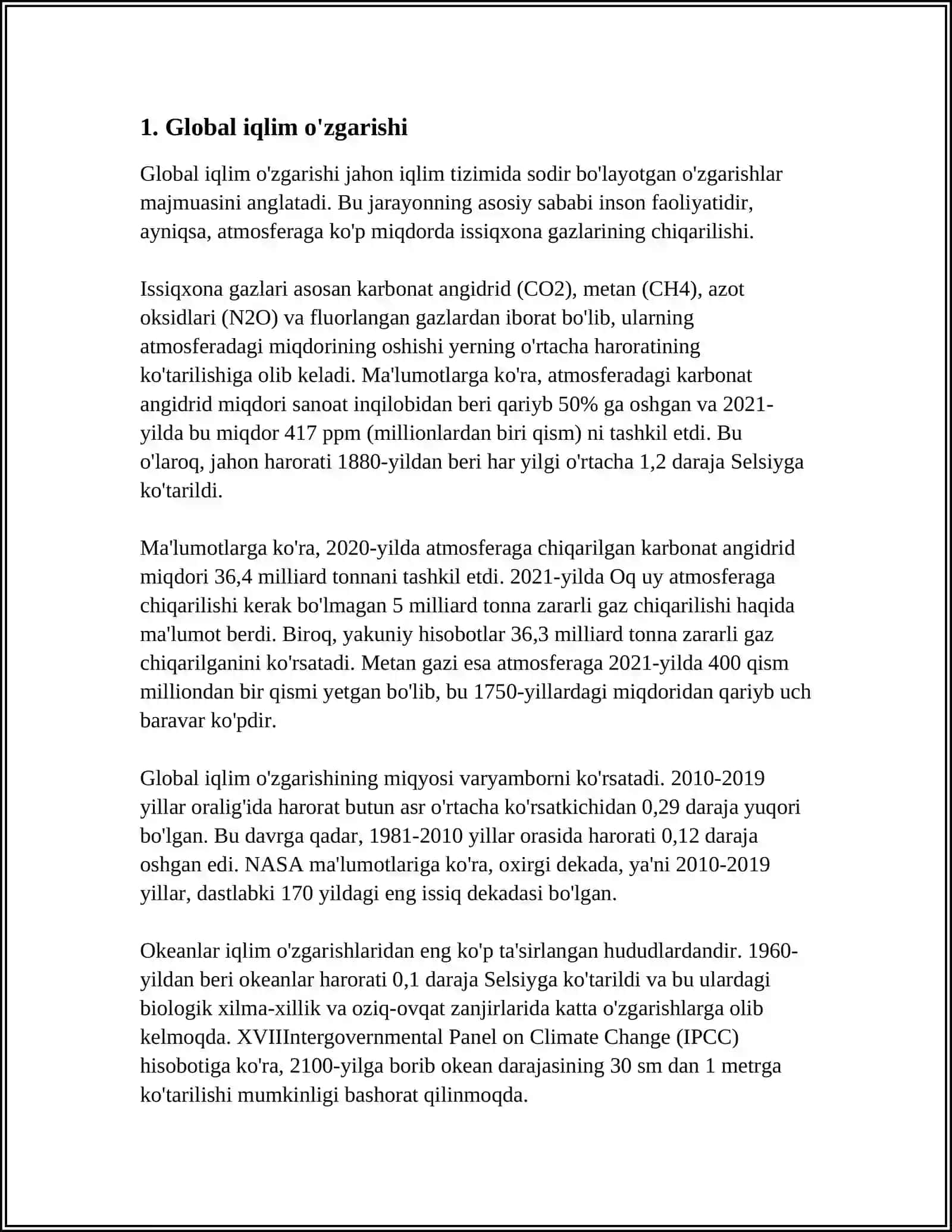 GLOBAL ISISH VA UNING OʻZBEKISTON IQLIMIGA TAʼSIRI REFERAT 3