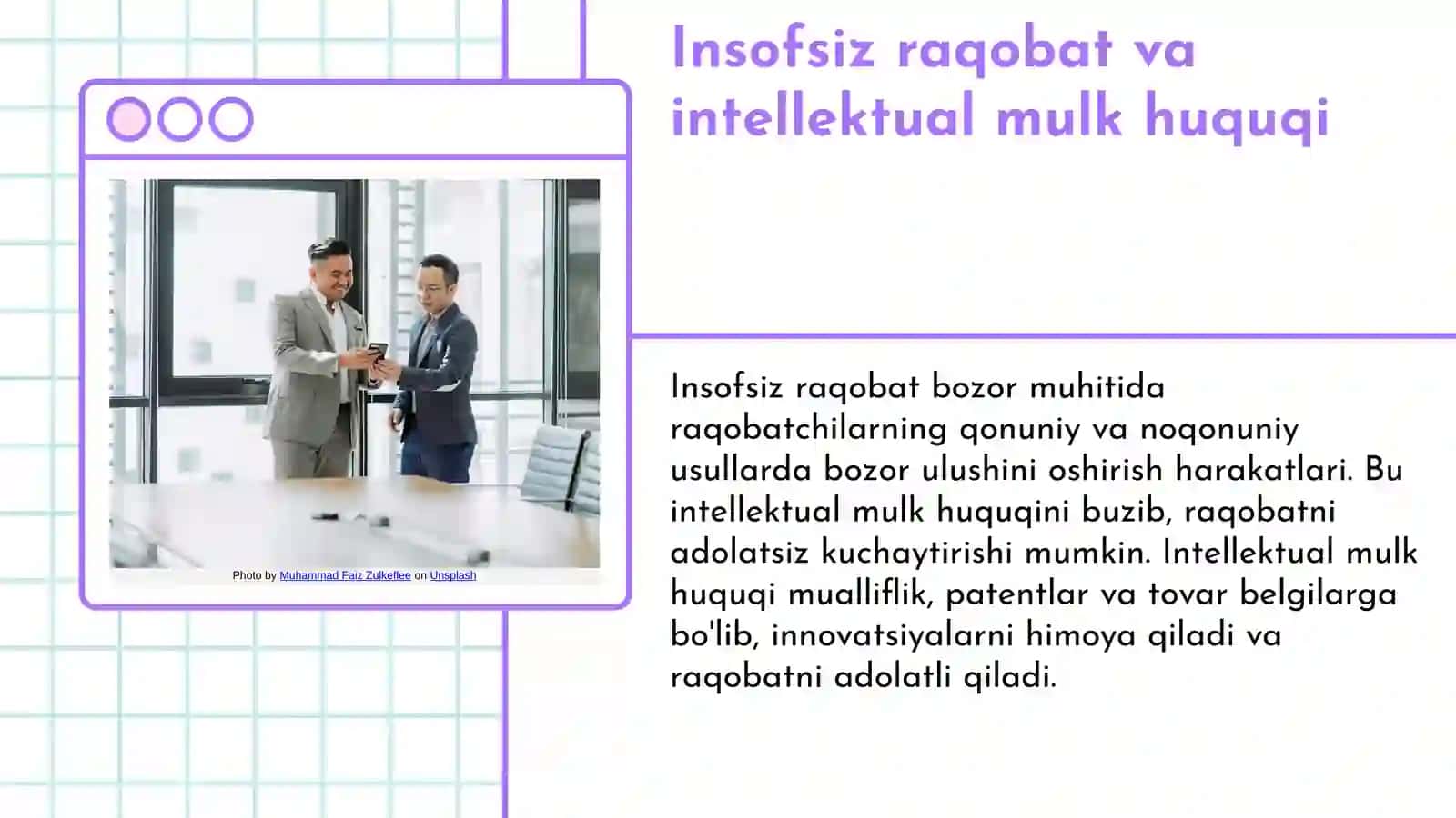Insofsiz raqobat va intellektual mulk huquqi. Insofsiz raqobat turlari. Insofsiz raqobatni aniqlash usullari. 3