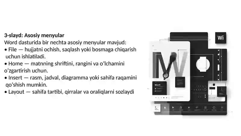Word dasturida ishlash Matn muharririning asosiy imkoniyatlari 3