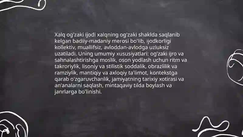 Xalq og'zaki ijodi. Xalq og'zaki ijodining o'ziga xos belgilari Mif afsona va RIVOYATLARNING JANR XUSUSIYATLARI 3