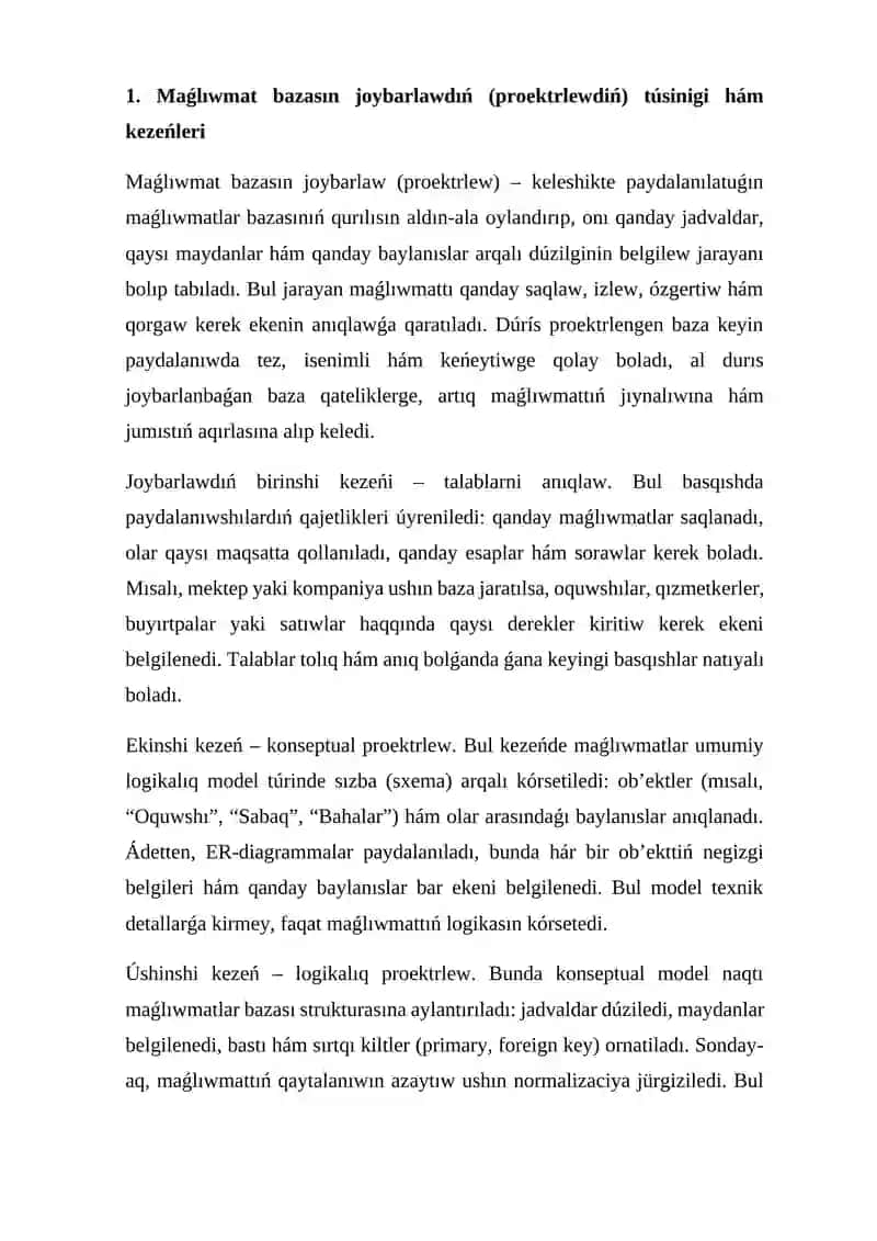 Maǵlıwmatlar bazasın joybarlaw (proektrlеw) hám administratorlaw 3
