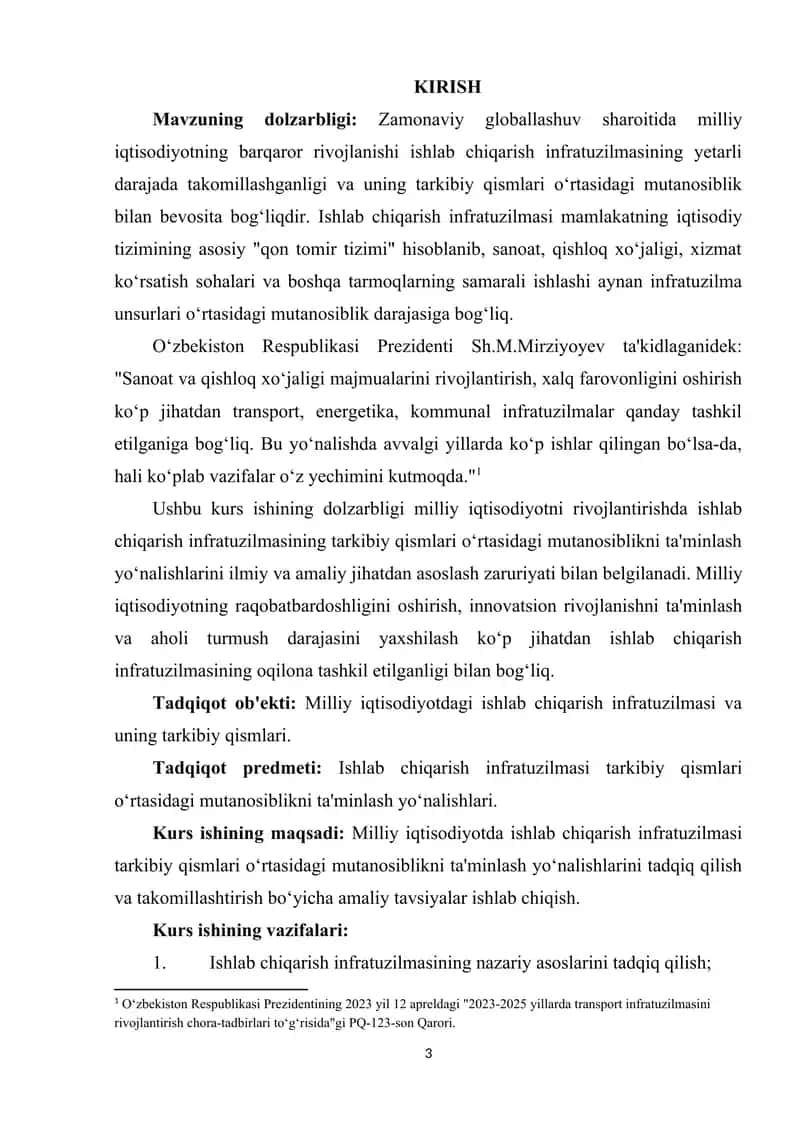Milliy iqtisodiyotda ishlab chiqarish infratuzilmasi tarkibiy qismlari oʻrtasidagi mutanosiblikni taminlash yoʻnalishlari. 3