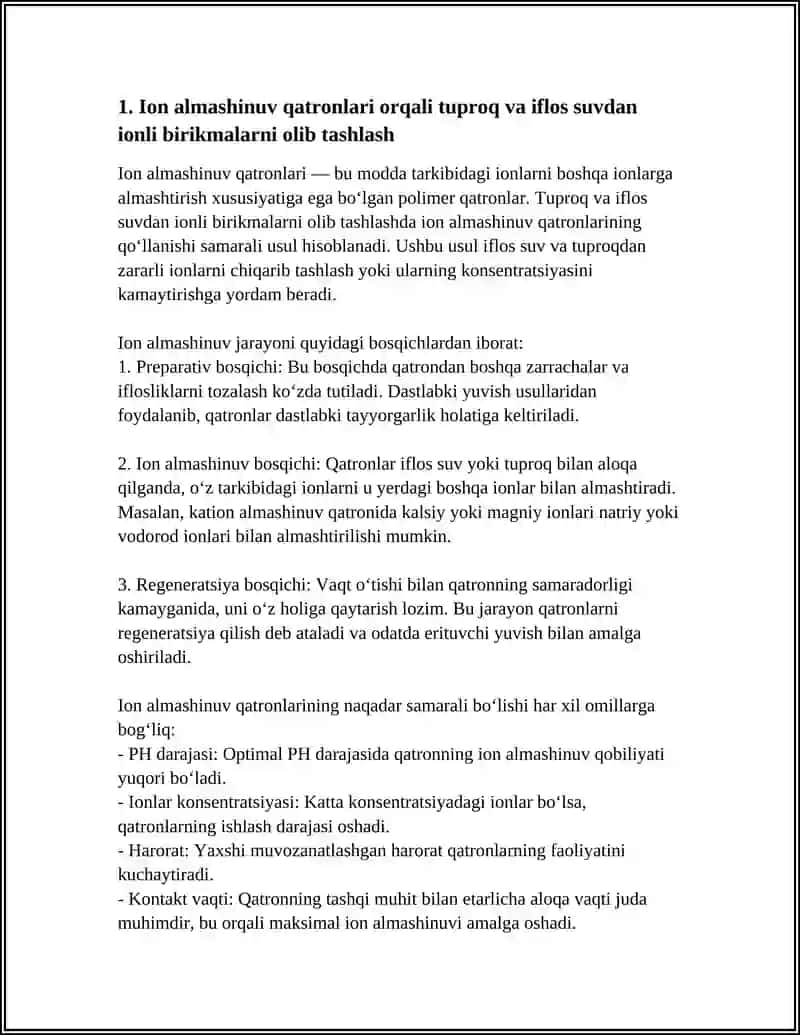 TUPROQ VA IFLOS SUV TARKIBIDAGI IONLI BIRIKMALARNI TOZALASH 3