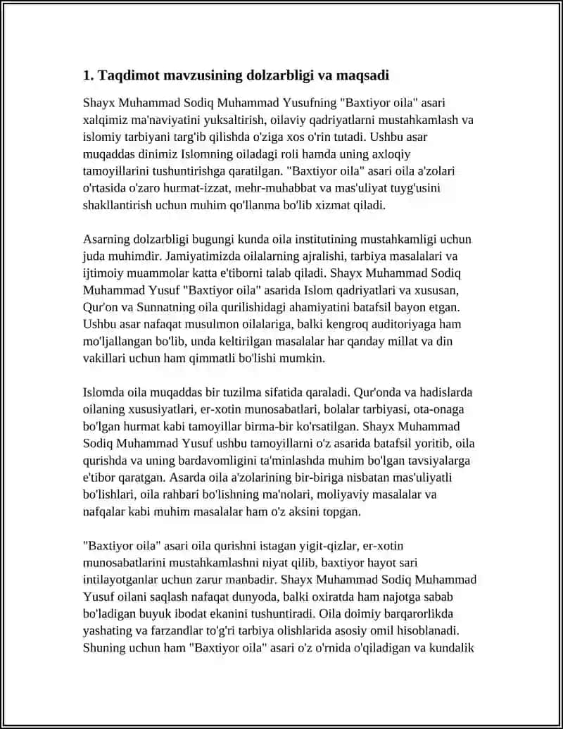 SHAYX MUXAMMAD SODIQ MUXAMMAD YUSUFNING BAXTIYOR OILA ASARIDA ISLOM QADRIYATLARINING TALQINI MAVZUSIDA TAQDIMOT TAYYORLASH 3