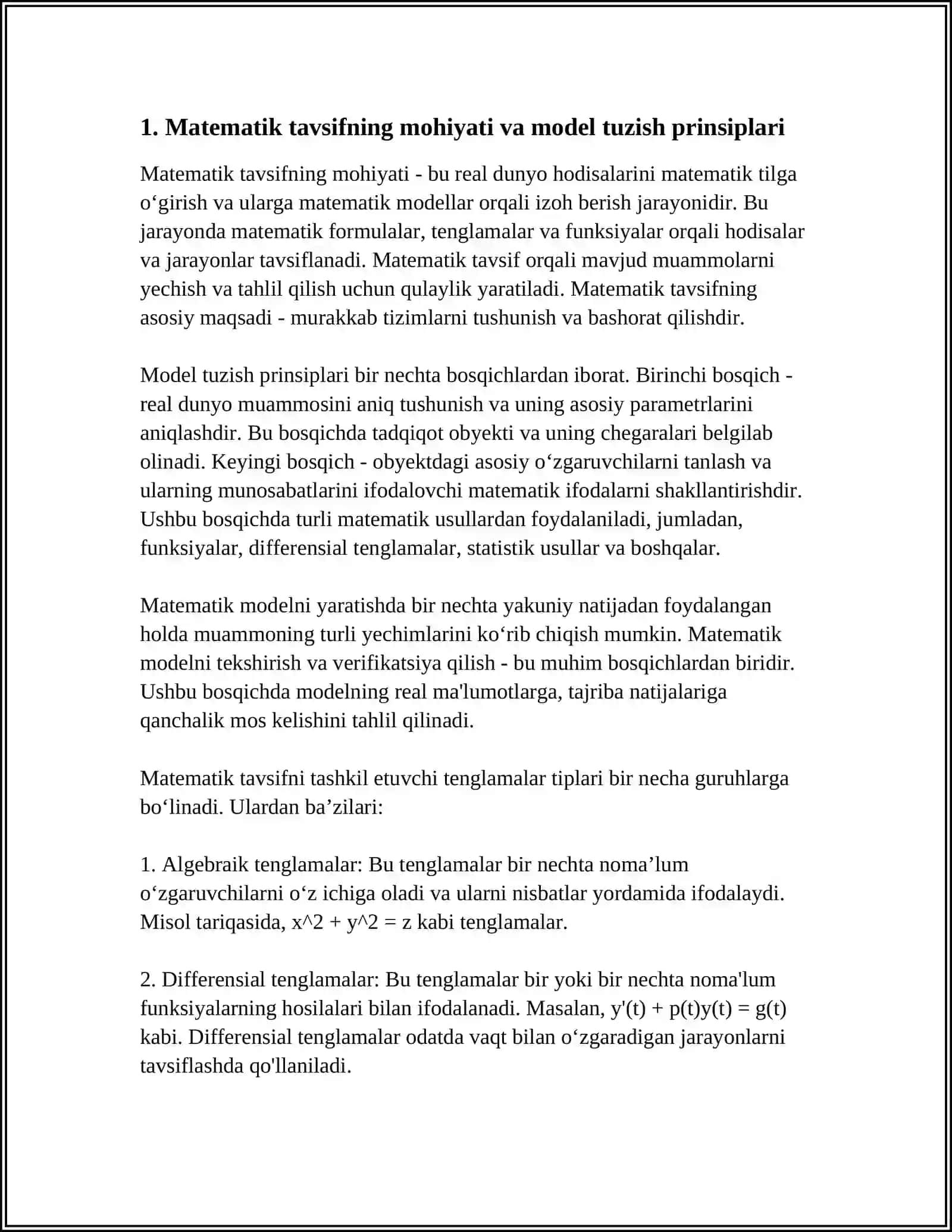 MATEMATIK TAVSIF VA UNI TASHKIL ETUVCHI TENGLAMALAR TIPLARI 3