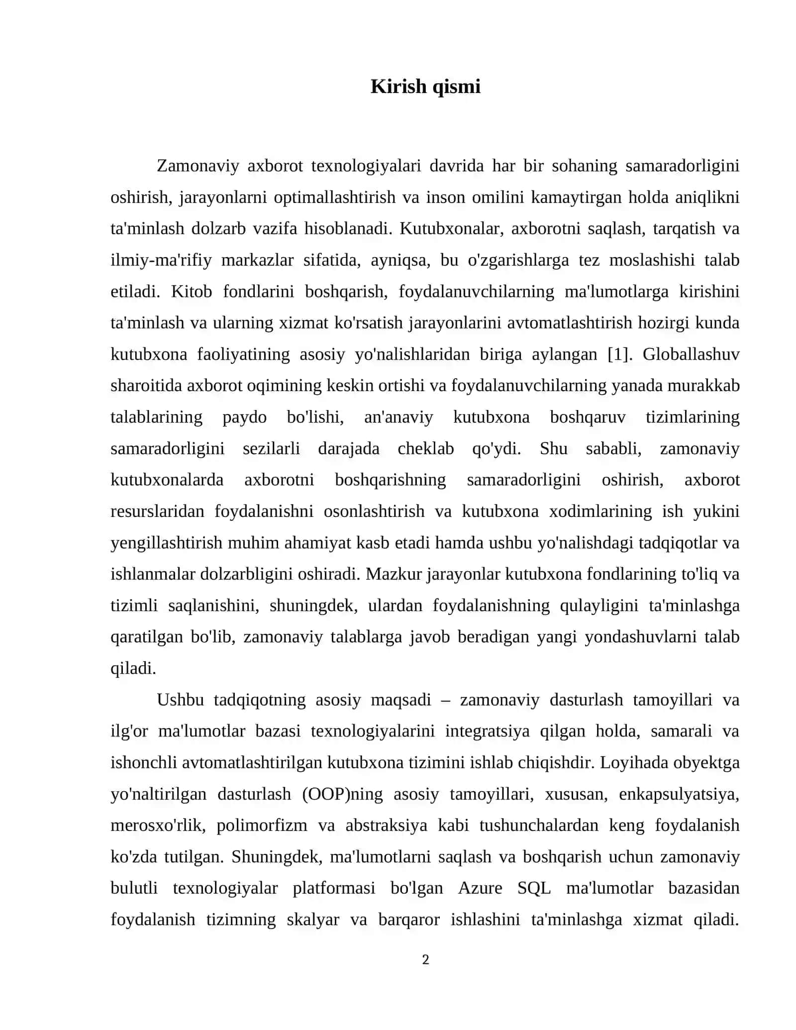 Avtomatlashtirilgan Kutubxona tizimi: Kitoblar, mualliflar va ijarachilar uchun OOP klasslari, ma'lumotlar esa Azure SQL’da. 3