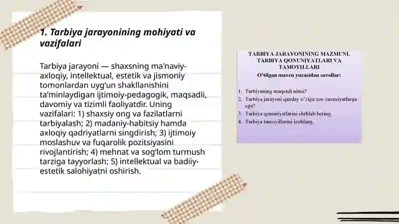 Tarbiya jarayoni mohiyati mazmuni tarbiya tamoyillari va metodlari 3