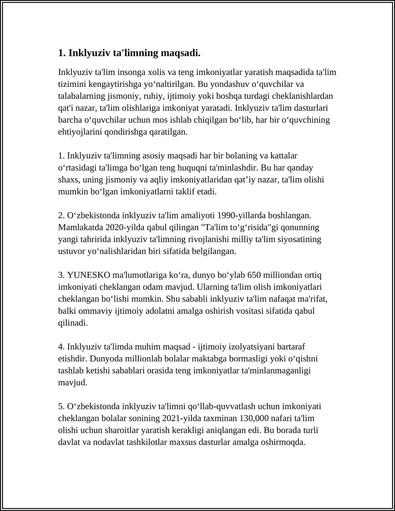 INKLYUZIV TA’LIM KURSINING PREDMETI, MAQSADI VAVAZIFALARI, OBYEKTI, TAMOYILLARI 3