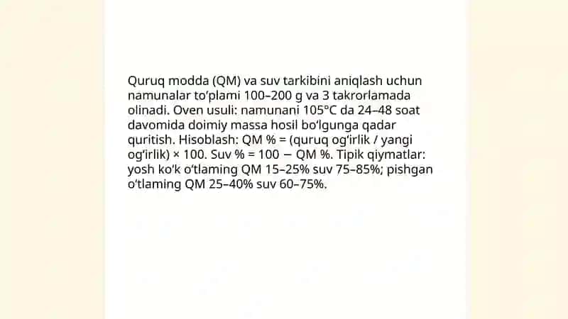 Ekiladigan koʻk oʻtlaming kimyoviy tarkibi va toʻyimliligini oʻrganish 3