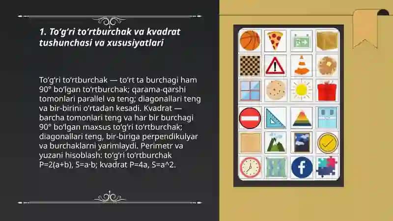 To'g'ri to'rtburchak va kvadratning perimetrini, yuzaga doir masalalar yechishga oʻrgatish 3