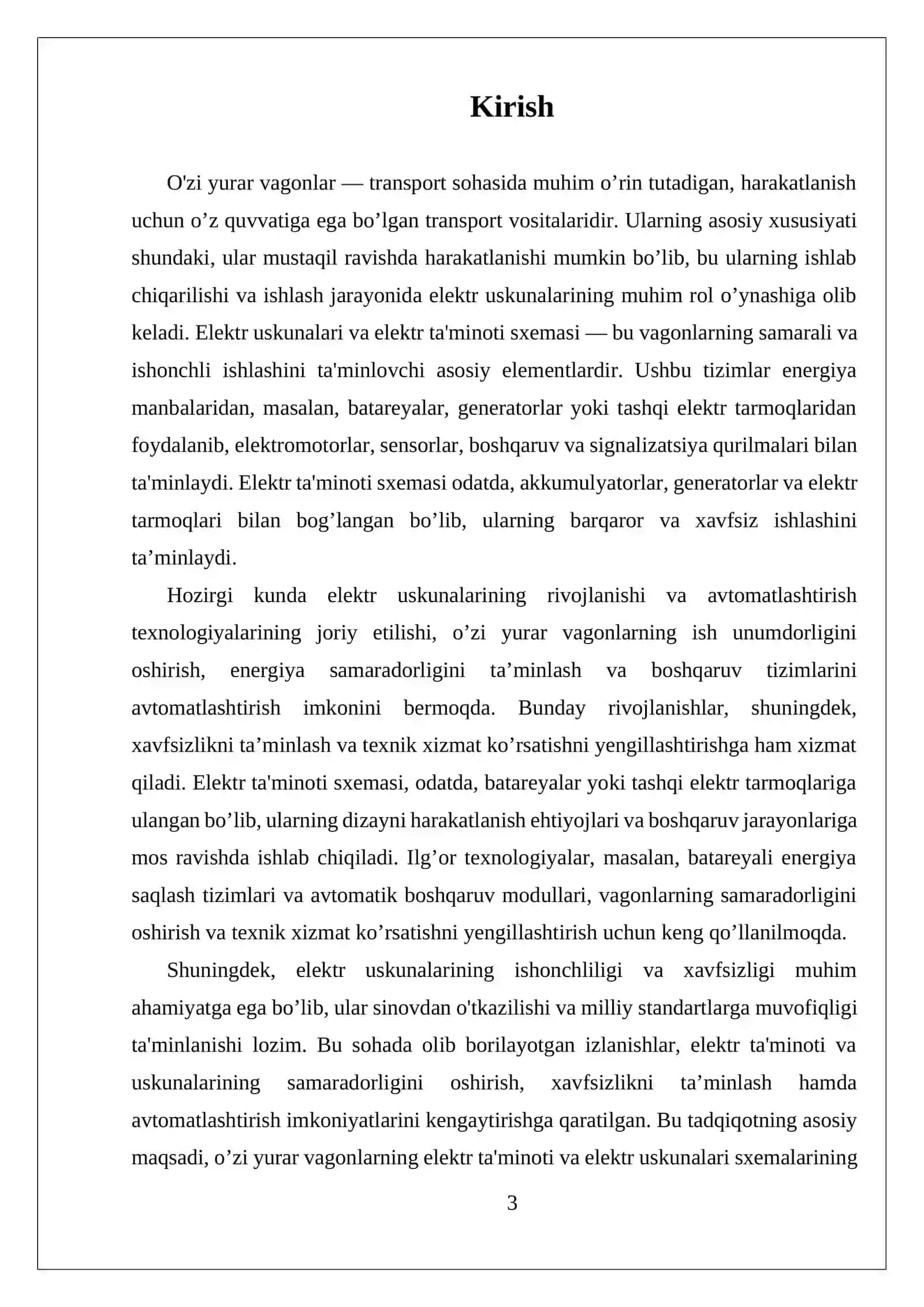MUSTAQIL ISH O'ZI YURAR VAGONLAR ELEKTR USKUNALARI VA ELEKTR TA'MINOTI SXEMASI BILAN 3