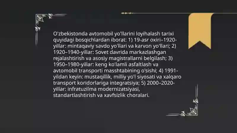 O'zbekiston Avtomobil yóllarini loyihalash tajribalari 3
