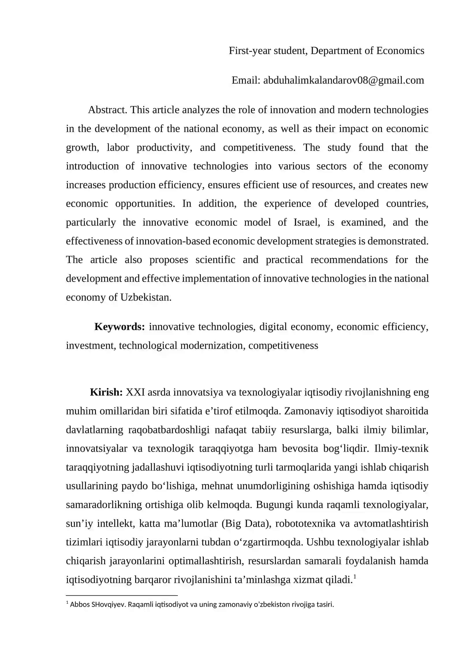 MIILIY IQTISODIYOTNING INNOVATSION RIVOJLANISHIDA ZAMONAVIY TEXNOLOGIYALARNING ROLI: ISROIL TAJRIBASI VA O’ZBEKISTON UCHUN RIVOJLANISH ISTIQBOLLARI 3