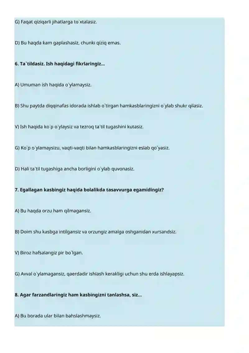 KASBINGIZ O`ZINGIZGA MUNOSIBMI? (PSIXOLOGIK TEST) 3