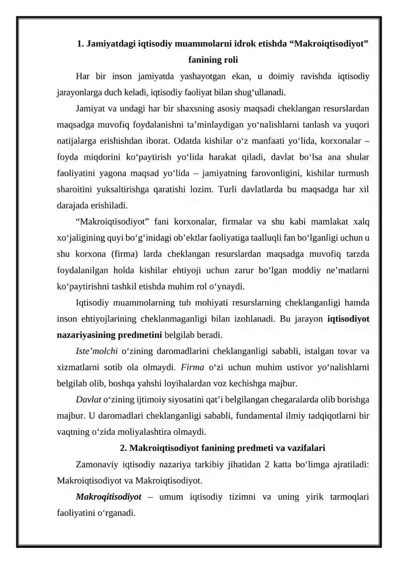 MAKROIQTISODIYOT FANINING PREDMETI, MAQSADI VA TADQIQOT USULLARI 3