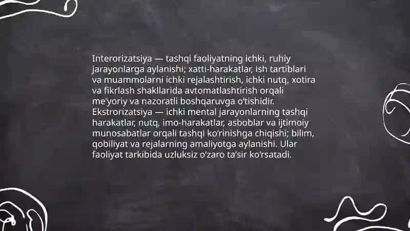 Faoliyatning interorizatsiyasi va ekstrorizatsiyasi. Faoliyat tarkibi 3