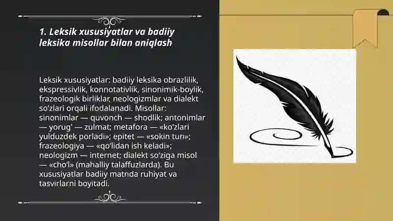 Badiiy asar tiliga xos xususiyatlarni misollar bilan aniqlashtirish 3