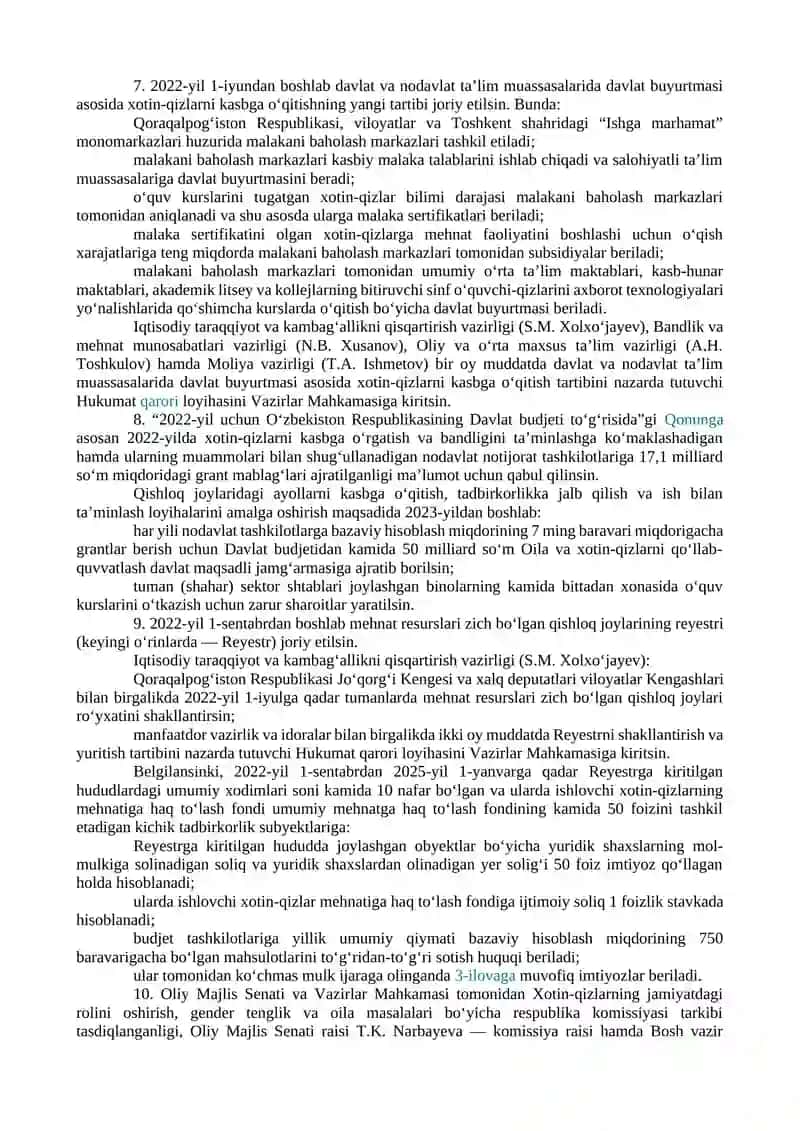 OILA VA XOTIN-QIZLARNI TIZIMLI QO‘LLAB-QUVVATLASHGA DOIR ISHLARNI YANADA JADALLASHTIRISH CHORA-TADBIRLARI TO‘G‘RISIDA 3