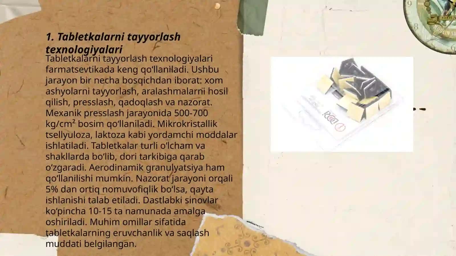 Tabletkalar. Farmakopeya talablari. Qattiq dori shakllarini sifatini baholash uchun asbob va uskunalar 3