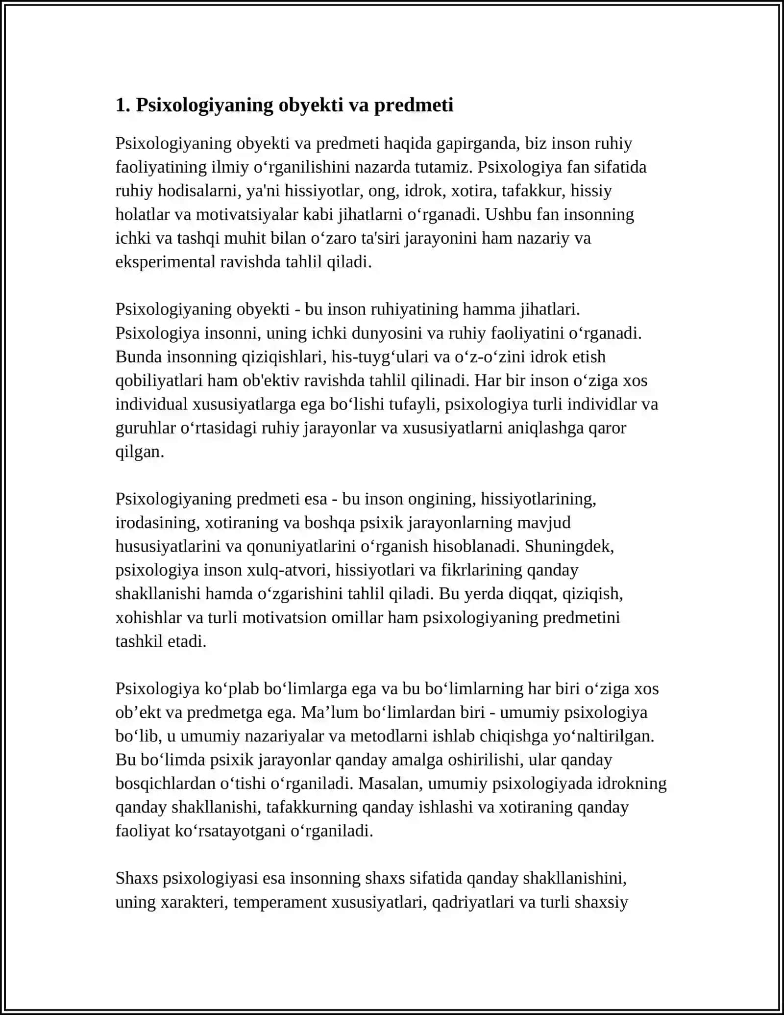 PSIXOLOGIYA FANINING PREDMETI.PSIXOLOGIYA FANINING MAQSAD VA VAZIFALARI 3