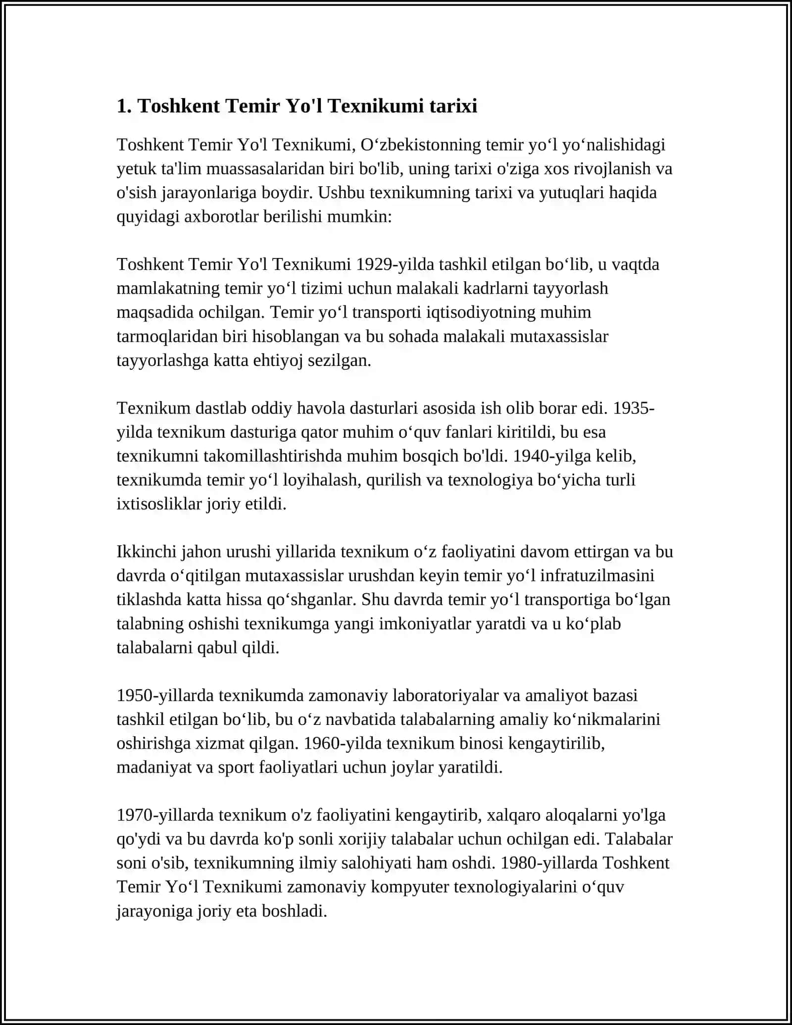 MUSTAQIL ISH Mavzu: TOSHKENT TEMIR YOL TEXNIKUMI 3