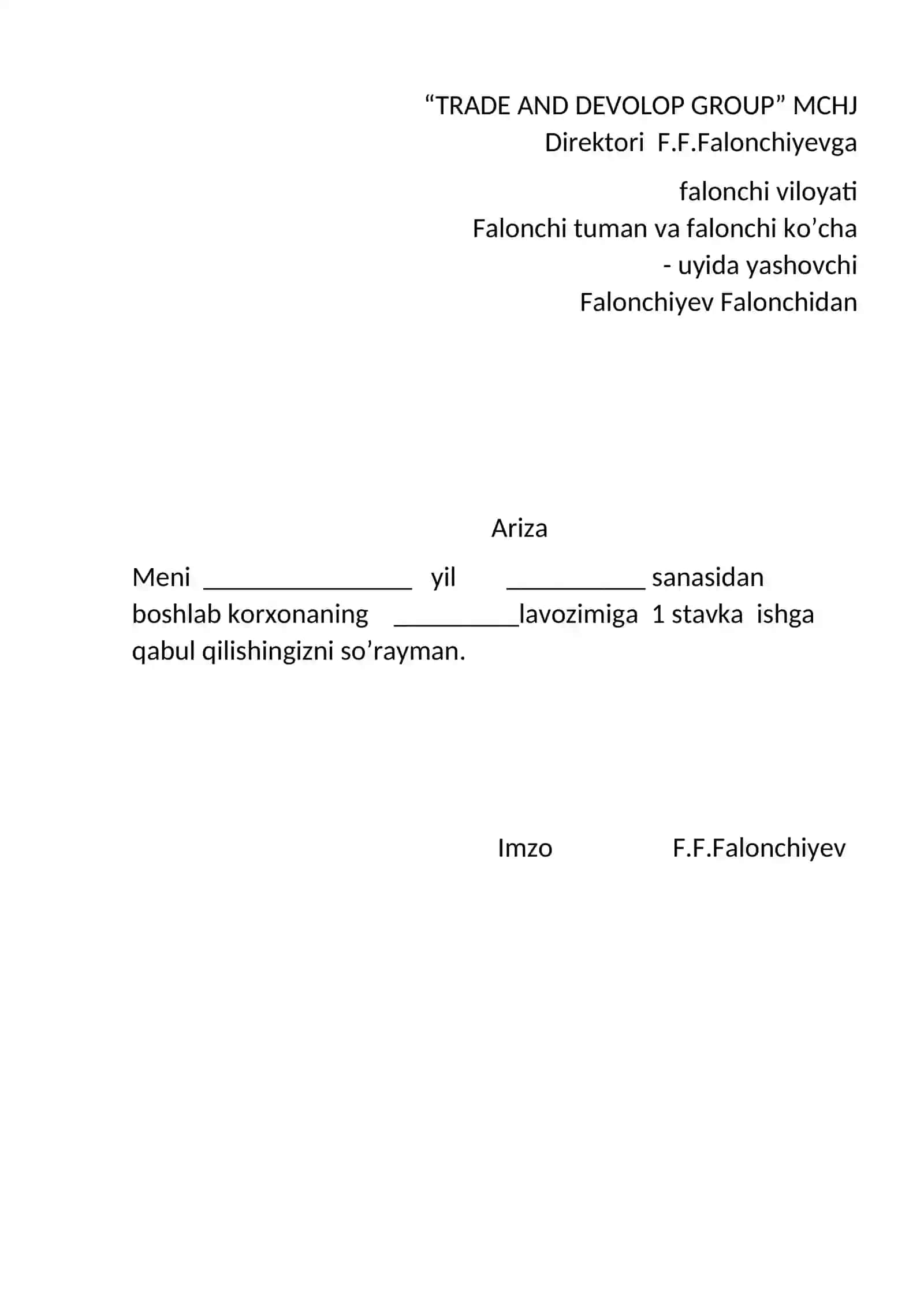 Ishga kirishda yoziladigan ariza shabloni 3