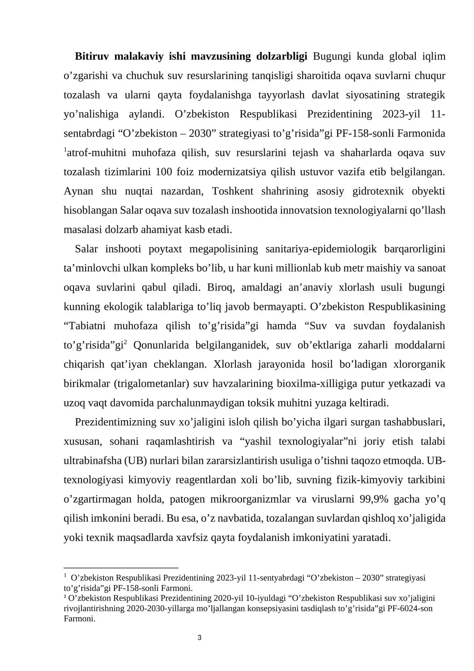 TOSHKENT SHAHAR O’ZGARISH HUDUDIDA JOYLASHGAN TOZALASH INSHOOTLARIDA OQAVA SUVLARNI ULTRABINAFSHA NURLARI BILAN ZARARSIZLANTIRISH TEXNOLOGIYASINI TAKOMILLASHTIRISH TAKOMILLASHTIRISH. 3